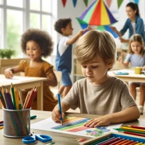 DALL·E 2024-04-29 21.44.00 - A realistic classroom scene showing young children developing motor skills. A boy, about 5 years old, is concentrating on drawing at a table, using a