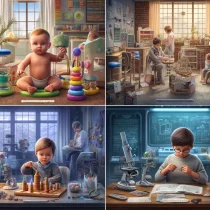 DALL·E 2024-04-29 21.51.05 - A highly realistic and detailed illustration depicting the stages of cognitive development in children according to Jean Piaget, with enhanced realism