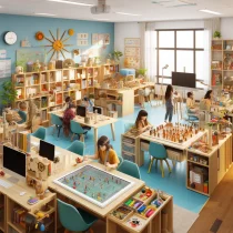DALL·E 2024-04-29 22.01.03 - A realistic depiction of a modern classroom for children, designed for engaging learning experiences. The classroom includes areas with board games an